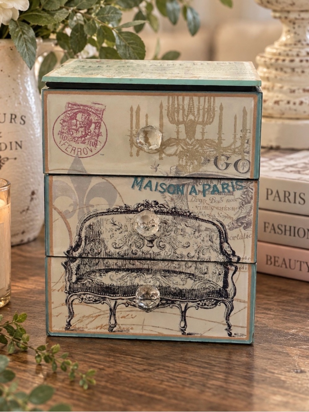 Vintage-Inspired Paris Jewelry Chest with Crystal Knobs